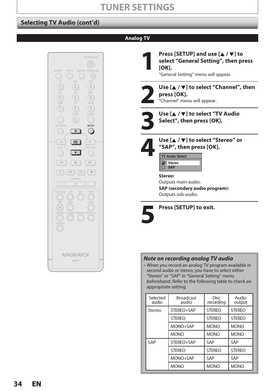 Tuner settings, 34 en 34 en, Selecting tv audio (cont’d) | Philips Magnavox E9S80UD User Manual | Page 34 / 108