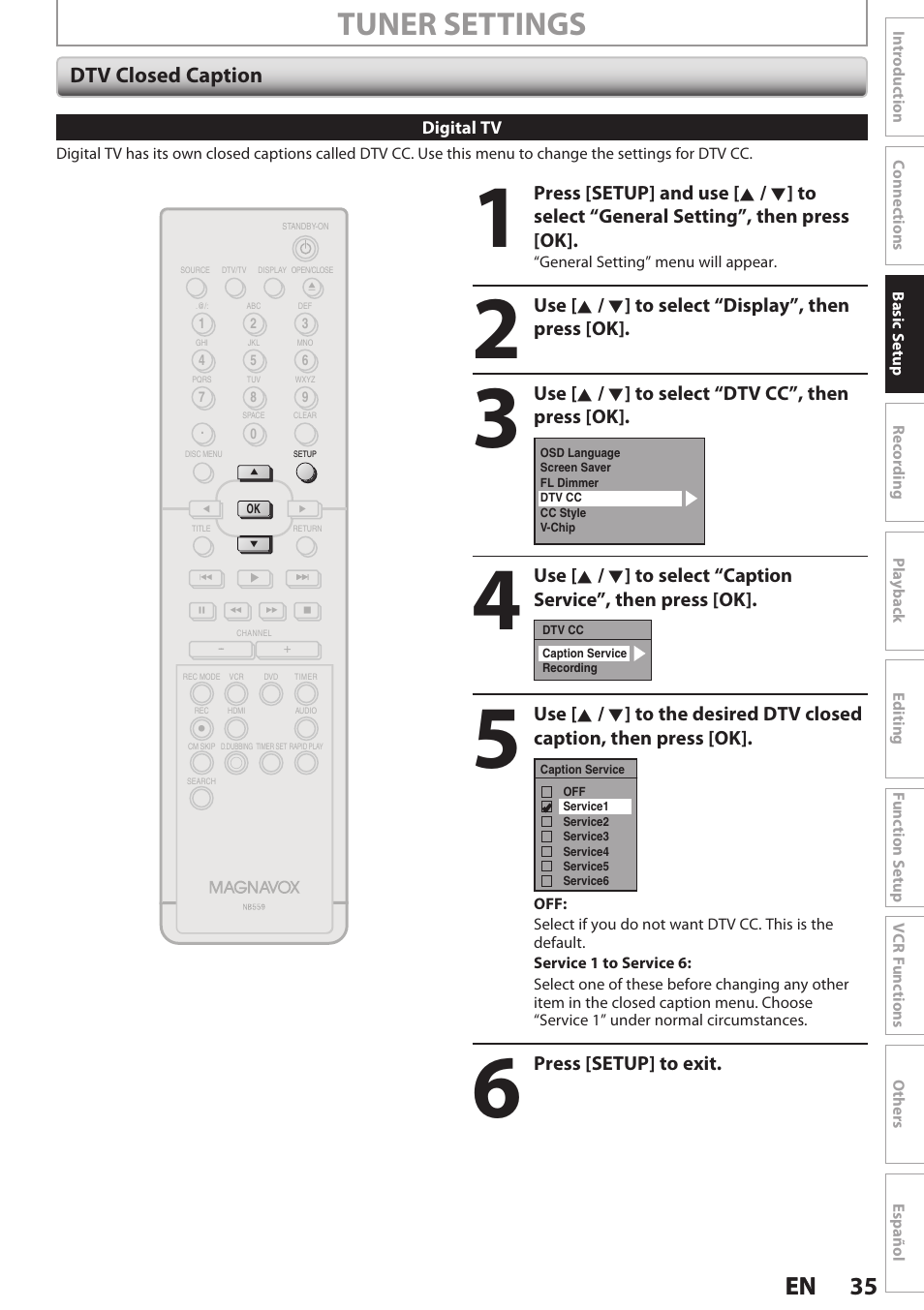 Dtv closed caption, Tuner settings, 35 en 35 en | Philips Magnavox E9S80UD User Manual | Page 35 / 108