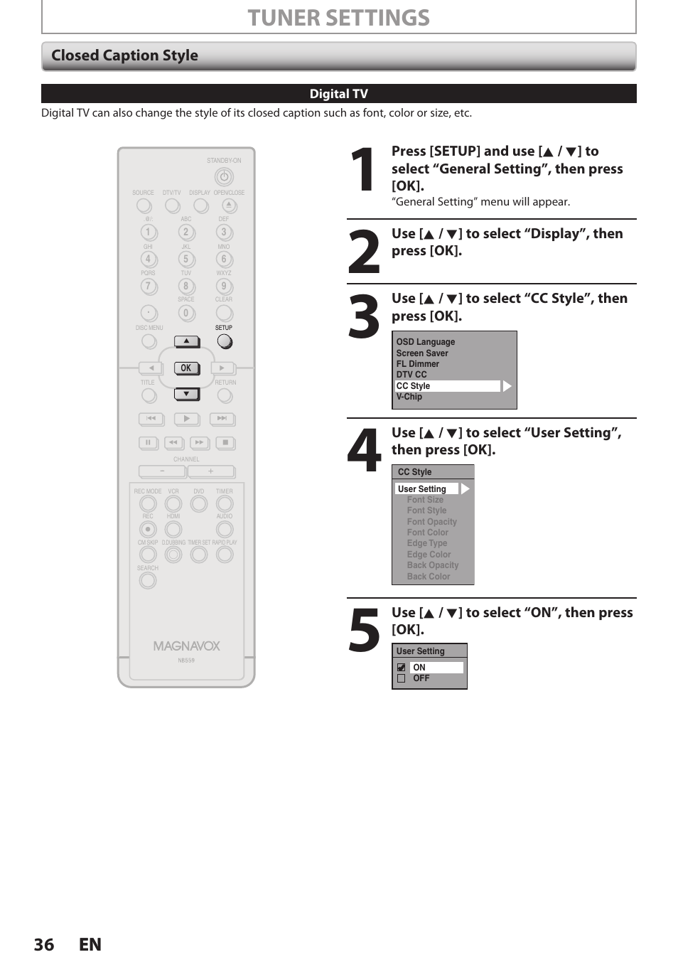 Closed caption style, Tuner settings, 36 en 36 en | Philips Magnavox E9S80UD User Manual | Page 36 / 108