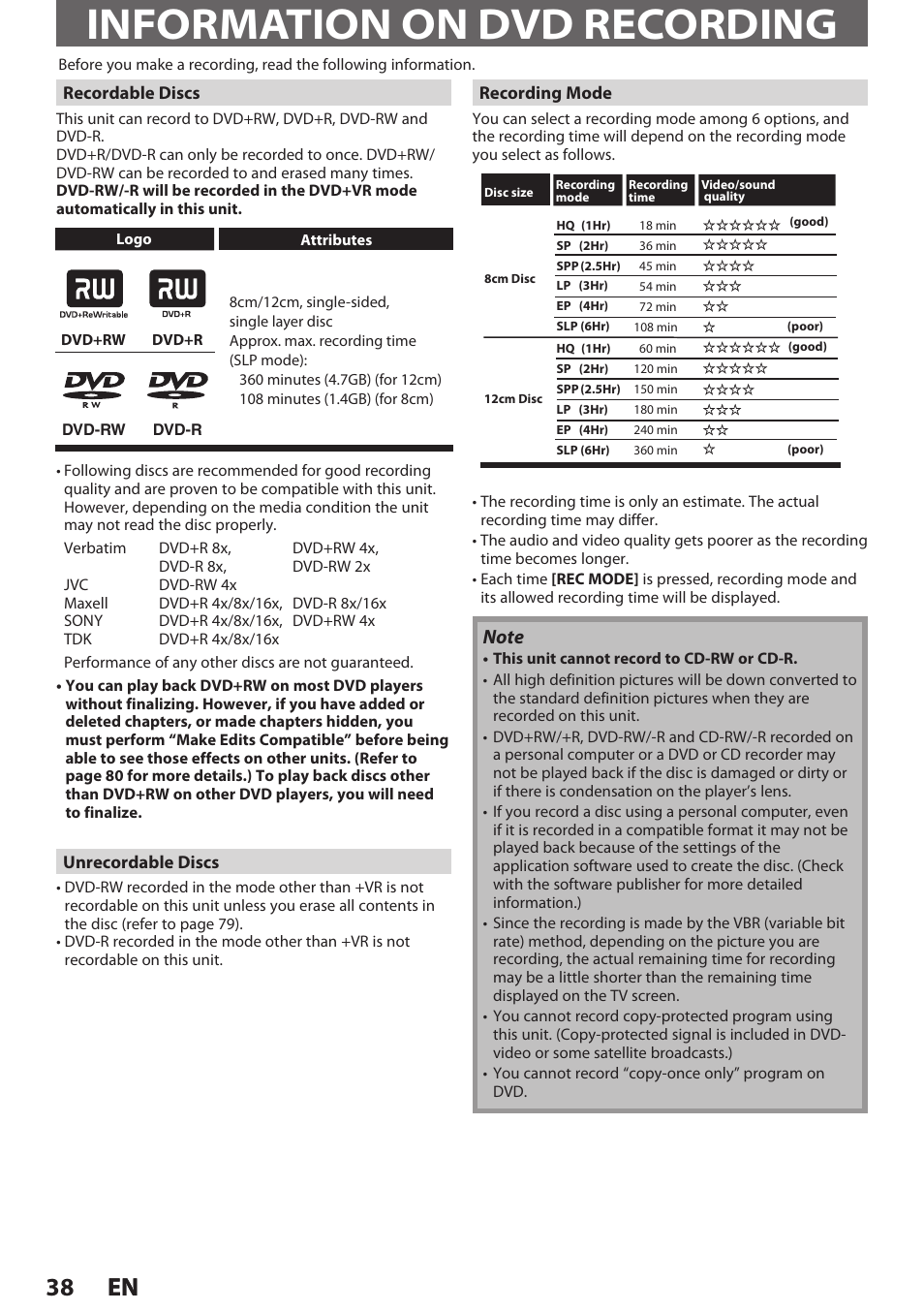 Information on dvd recording, 38 en 38 en | Philips Magnavox E9S80UD User Manual | Page 38 / 108