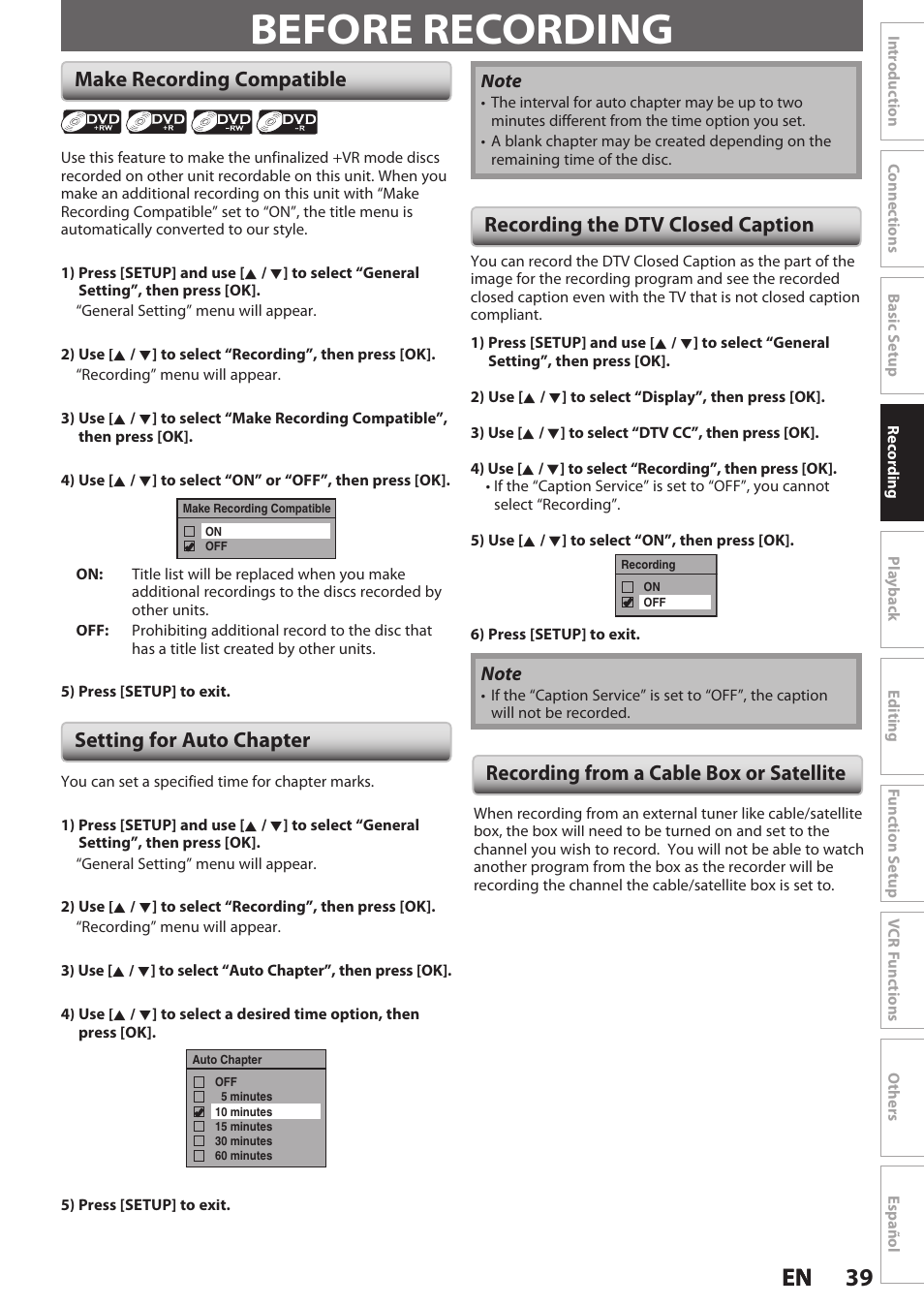 Before recording, Make recording compatible, Setting for auto chapter | Recording the dtv closed caption, Recording from a cable box or satellite, 39 en en, Make recording compatible setting for auto chapter | Philips Magnavox E9S80UD User Manual | Page 39 / 108