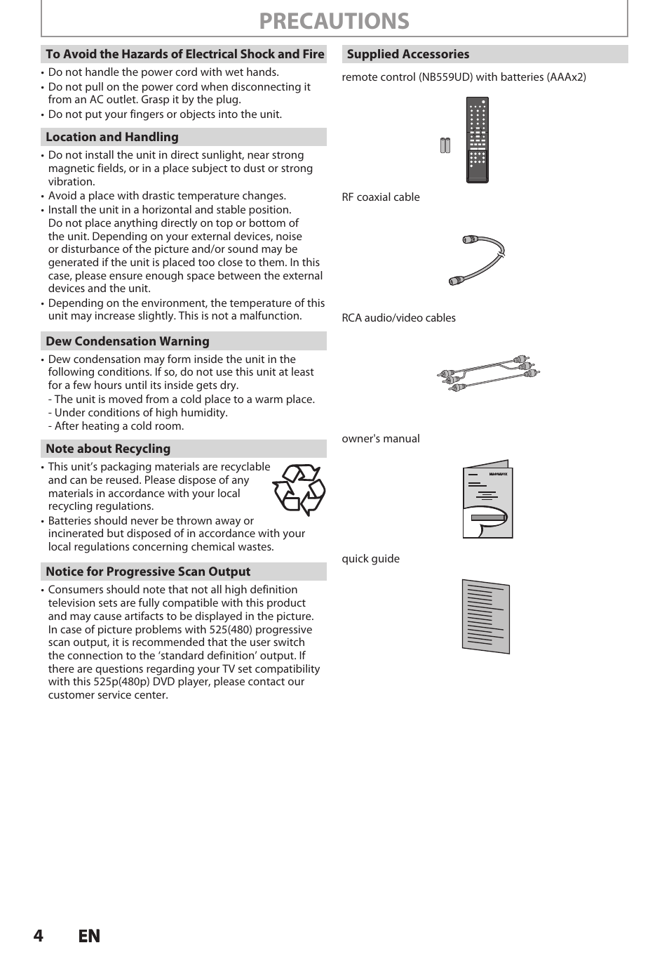 Precautions, 4en en | Philips Magnavox E9S80UD User Manual | Page 4 / 108
