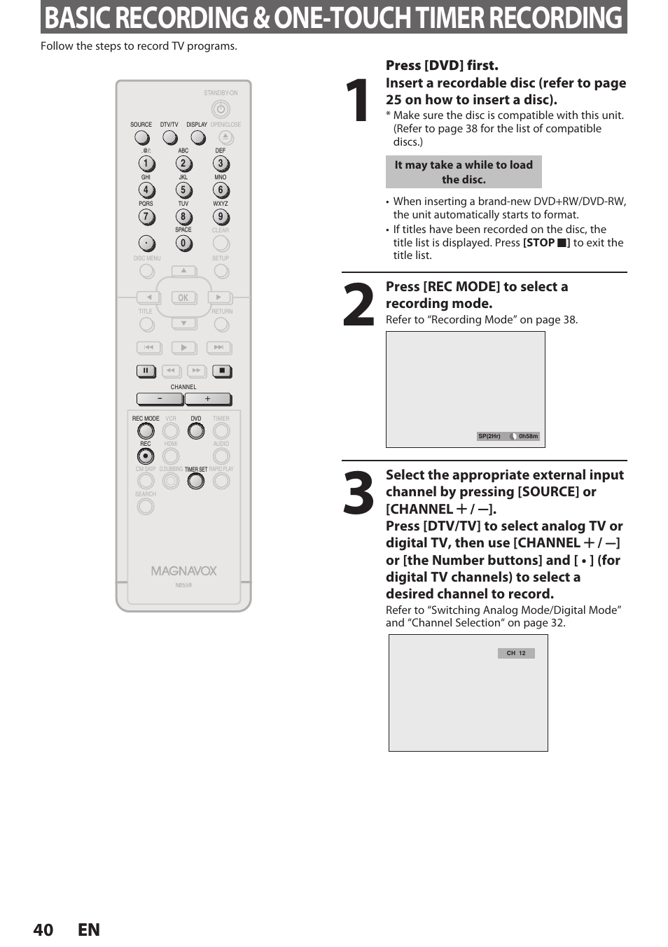 Basic recording & one-touch timer recording, 40 en 40 en, Press [dvd] first | Press [rec mode] to select a recording mode | Philips Magnavox E9S80UD User Manual | Page 40 / 108