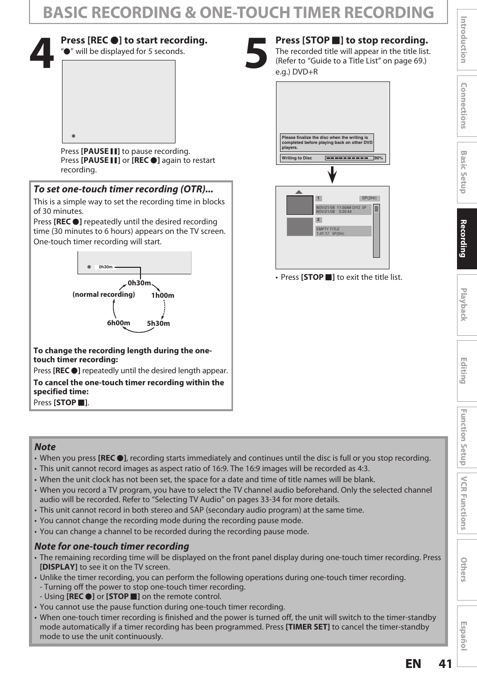 Basic recording & one-touch timer recording, 41 en 41 en | Philips Magnavox E9S80UD User Manual | Page 41 / 108