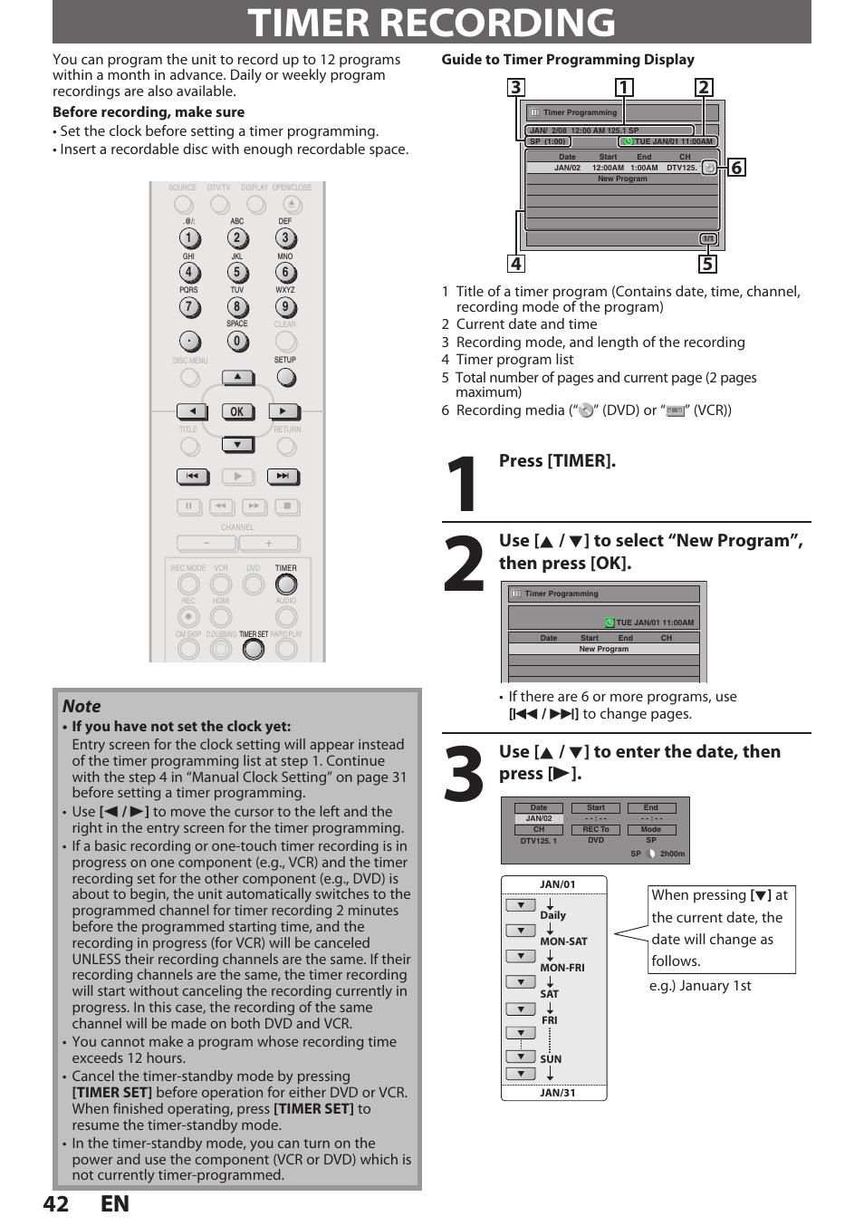 Timer recording, 42 en 42 en, Press [timer | Use [ k / l ] to enter the date, then press [ b | Philips Magnavox E9S80UD User Manual | Page 42 / 108