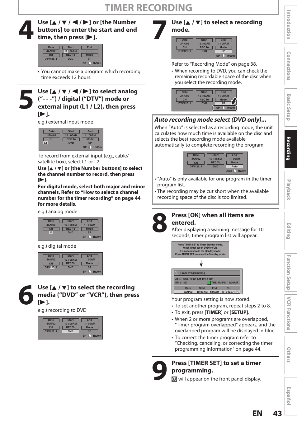 Timer recording, 43 en 43 en, Use [ k / l ] to select a recording mode | Auto recording mode select (dvd only), Press [ok] when all items are entered, Press [timer set] to set a timer programming | Philips Magnavox E9S80UD User Manual | Page 43 / 108