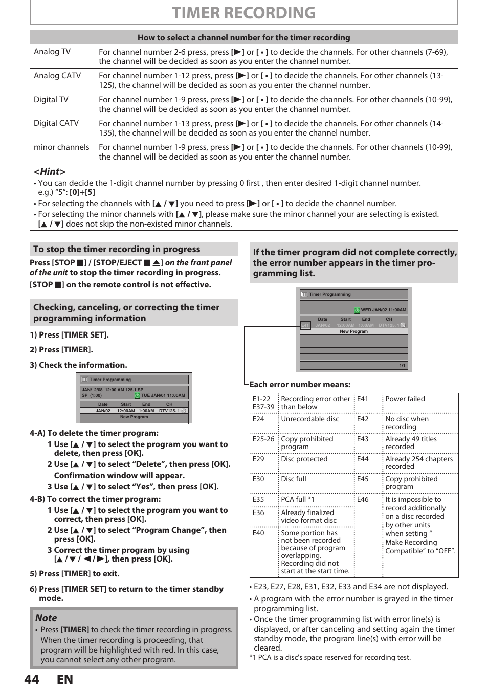 Timer recording, 44 en 44 en, Hint | Philips Magnavox E9S80UD User Manual | Page 44 / 108