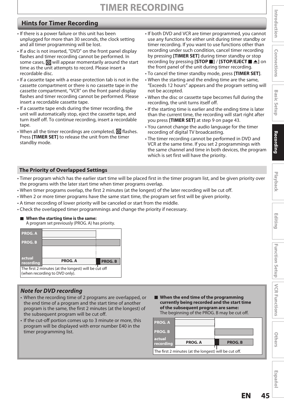 Hints for timer recording, Timer recording, 45 en 45 en | Philips Magnavox E9S80UD User Manual | Page 45 / 108