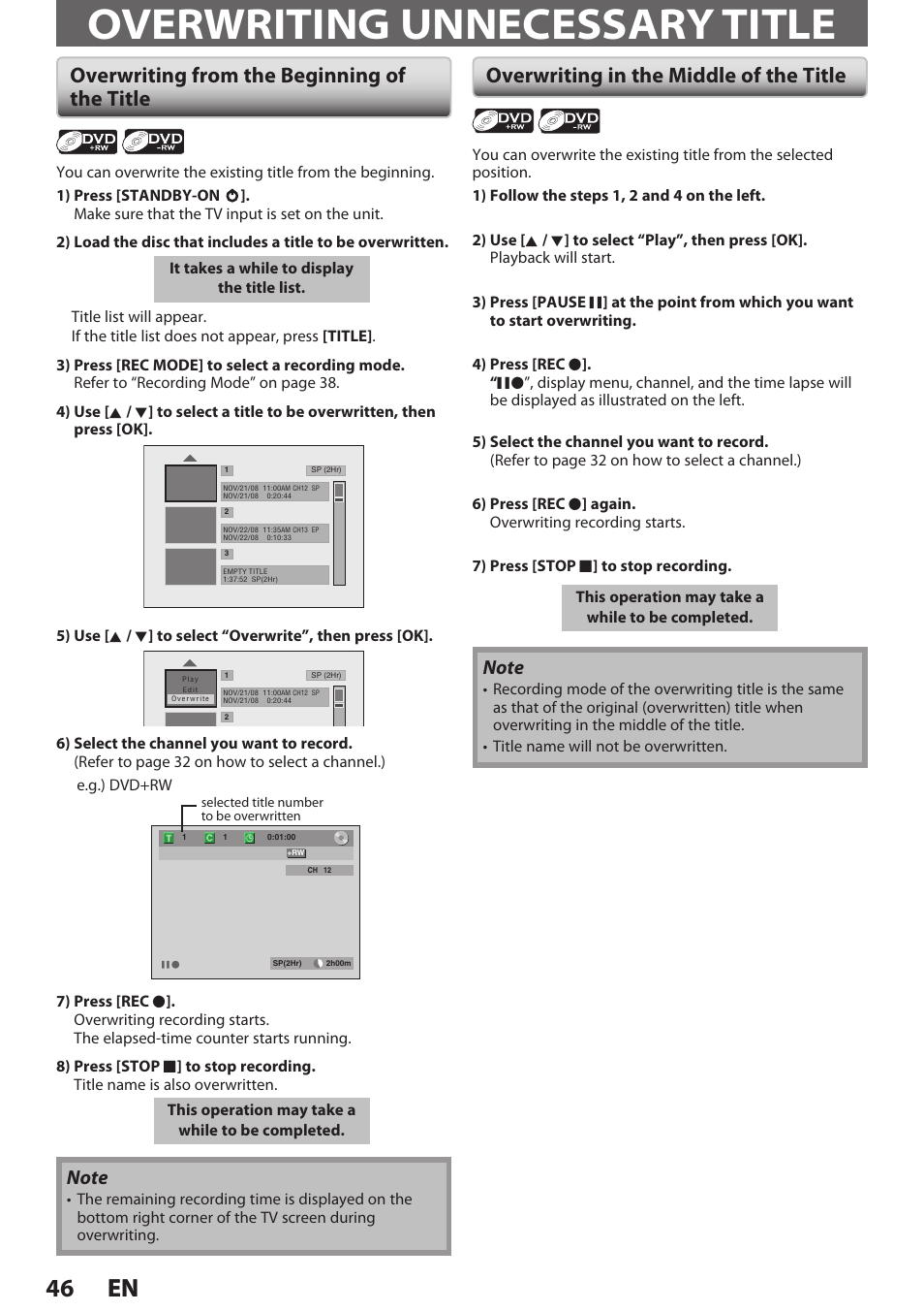 Overwriting unnecessary title, Overwriting from the beginning of the title, Overwriting in the middle of the title | 46 en 46 en | Philips Magnavox E9S80UD User Manual | Page 46 / 108