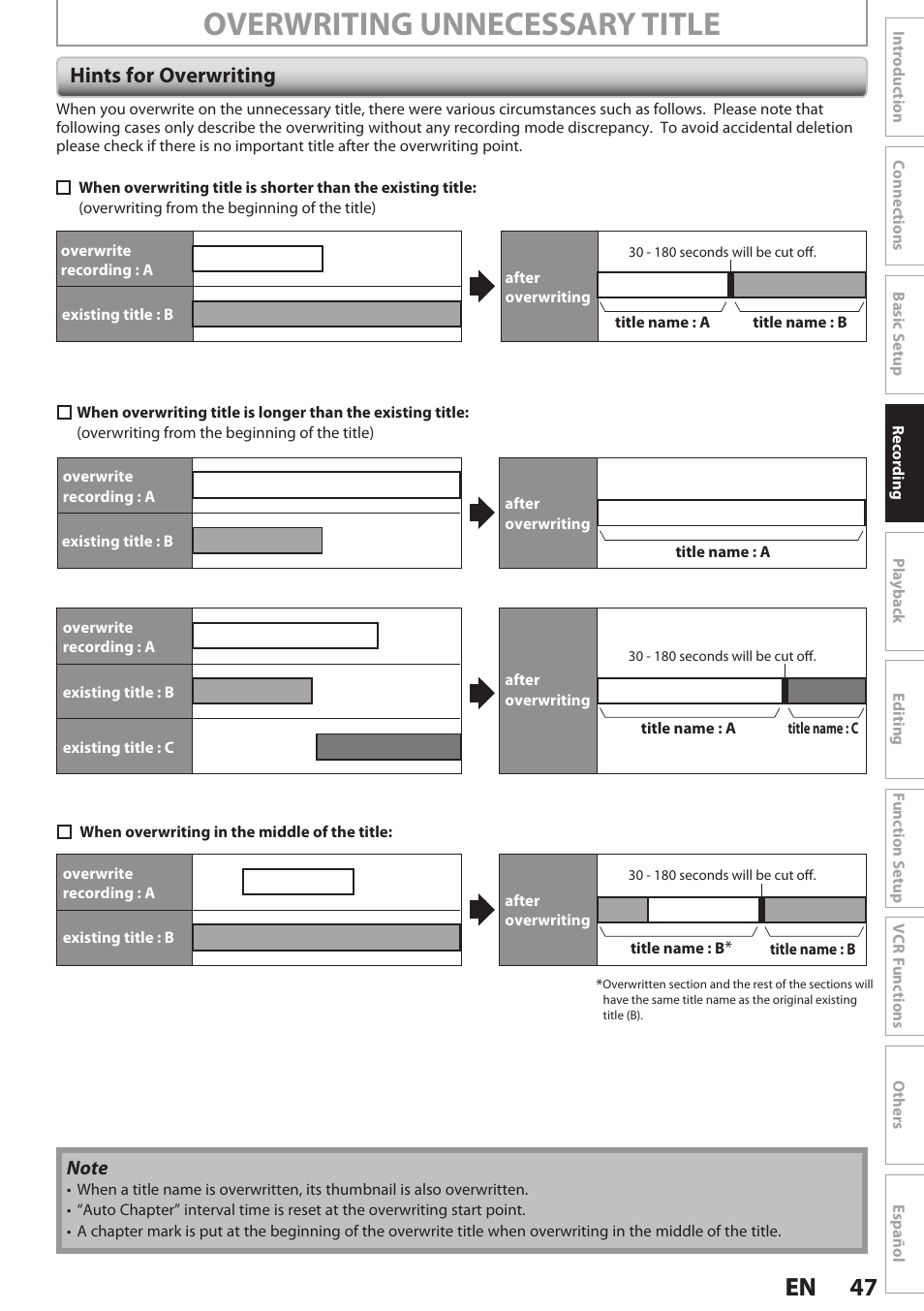 Hints for overwriting, Overwriting unnecessary title, 47 en 47 en | Philips Magnavox E9S80UD User Manual | Page 47 / 108