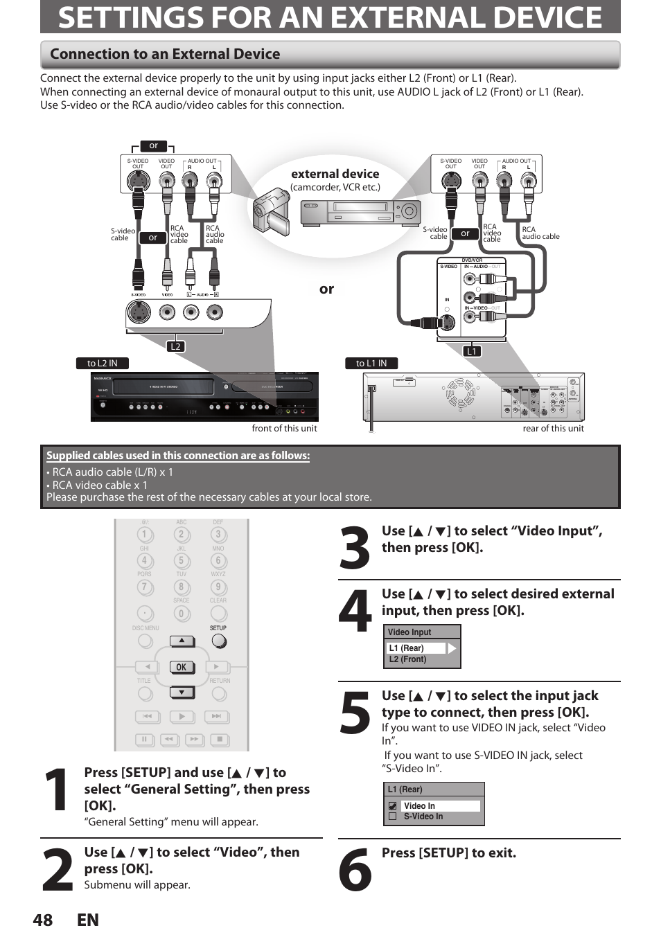 Settings for an external device, Connection to an external device, 48 en 48 en | Press [setup] to exit, Use [ k / l ] to select “video”, then press [ok, External device | Philips Magnavox E9S80UD User Manual | Page 48 / 108