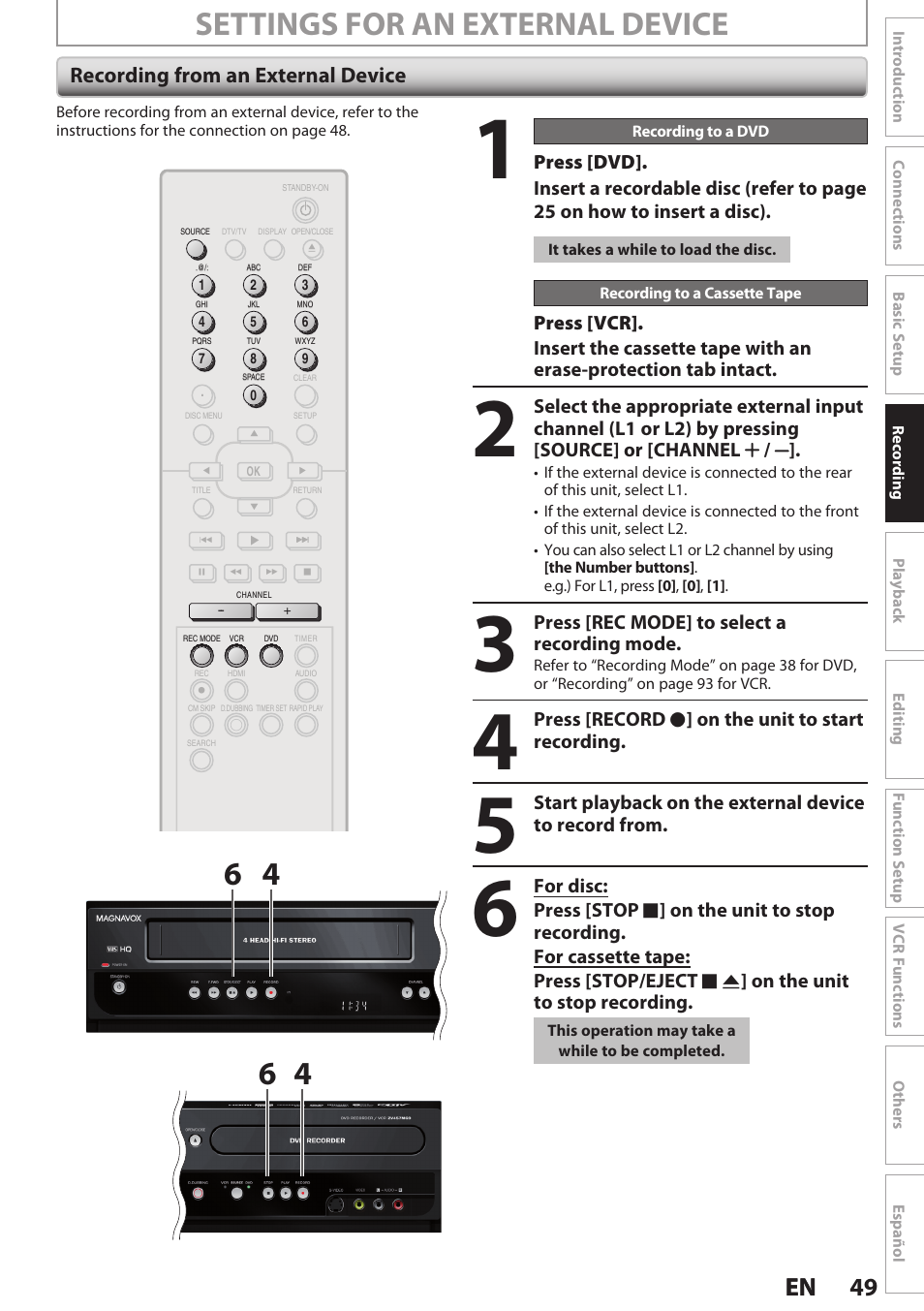 Recording from an external device, Settings for an external device, 49 en 49 en | Philips Magnavox E9S80UD User Manual | Page 49 / 108