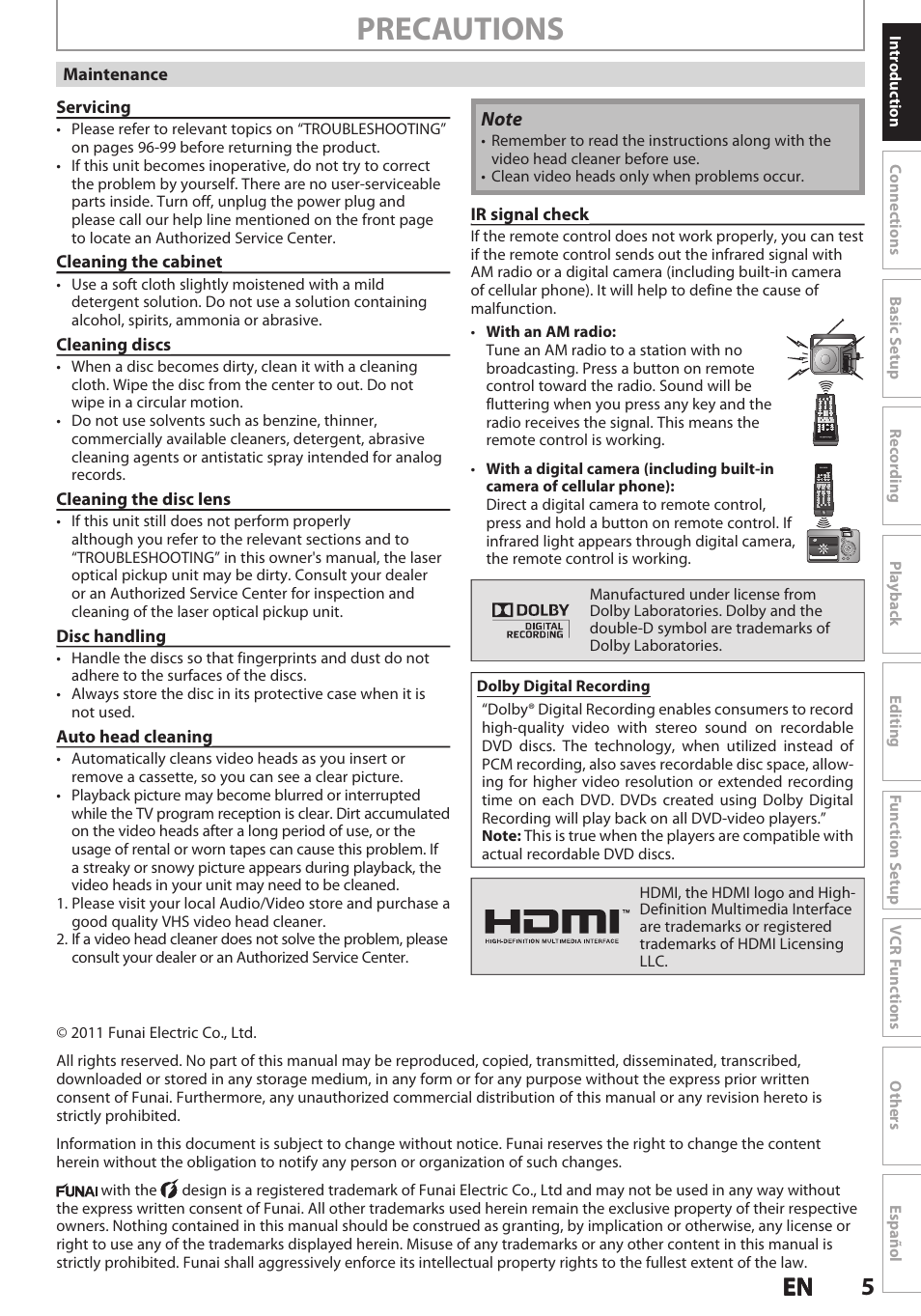 Precautions, 5en en | Philips Magnavox E9S80UD User Manual | Page 5 / 108