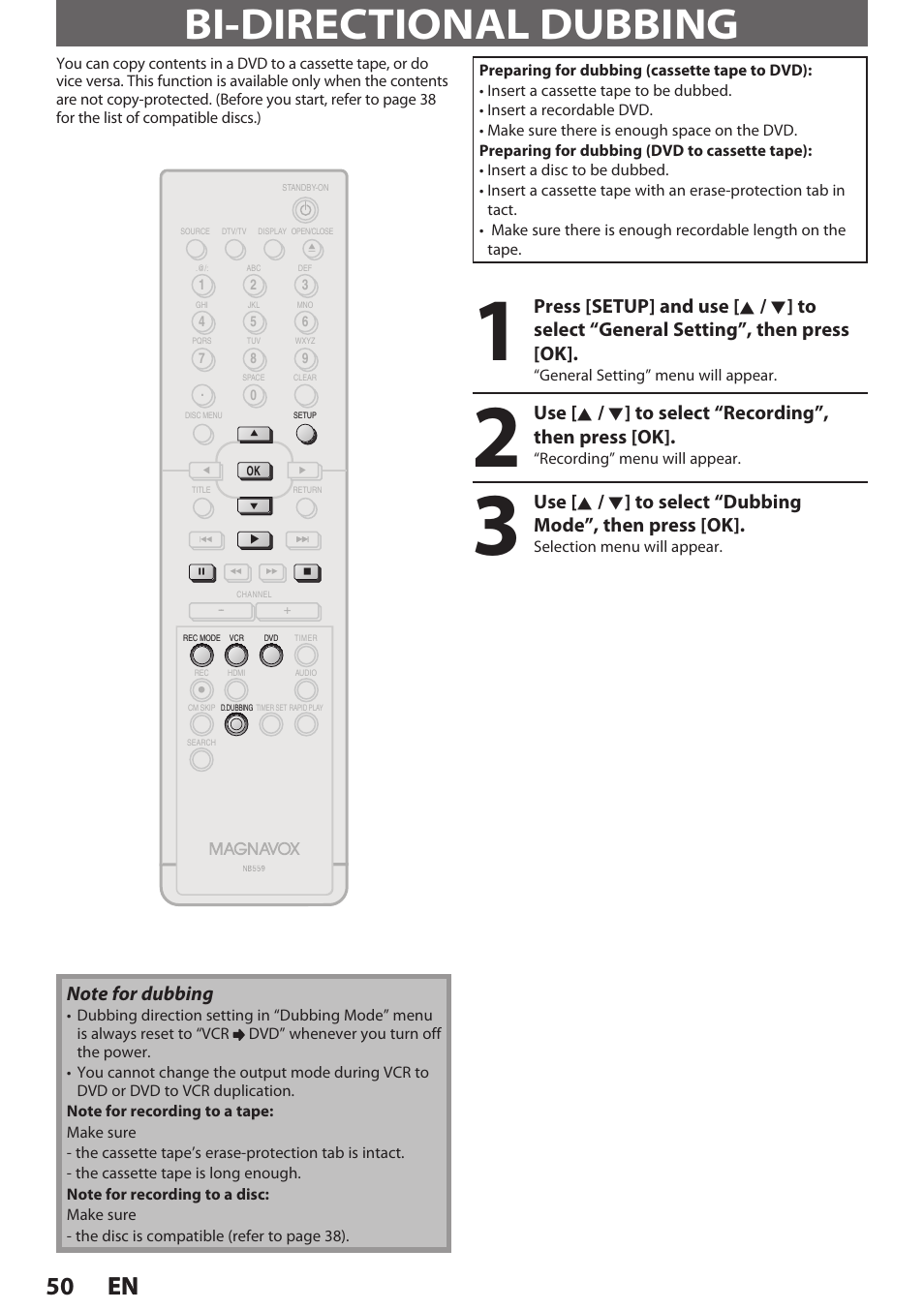 Bi-directional dubbing, 50 en 50 en | Philips Magnavox E9S80UD User Manual | Page 50 / 108