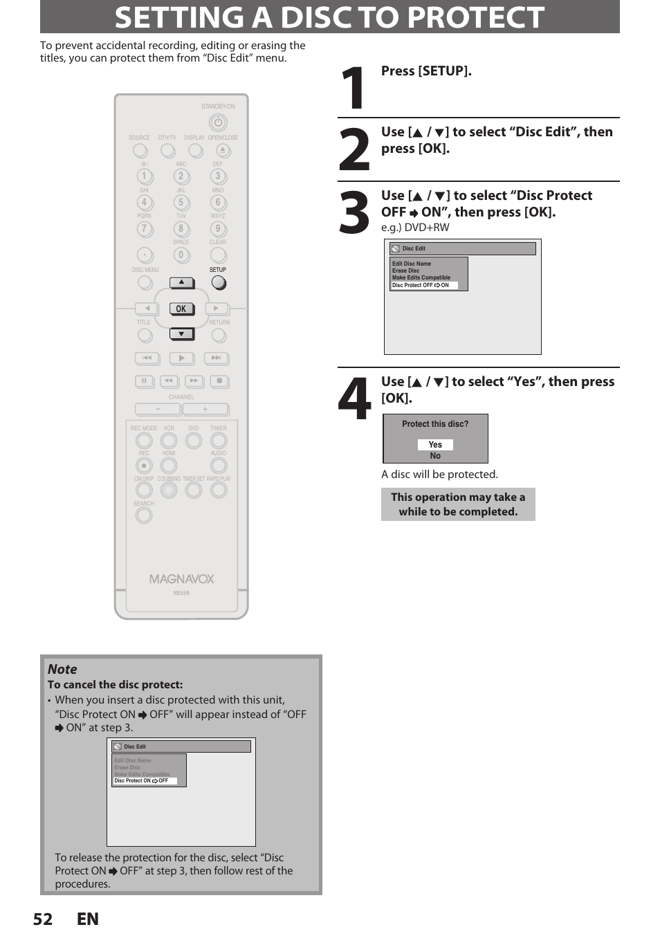 Setting a disc to protect, 52 en 52 en, Press [setup | Use [ k, Use [ k / l ] to select “yes”, then press [ok | Philips Magnavox E9S80UD User Manual | Page 52 / 108