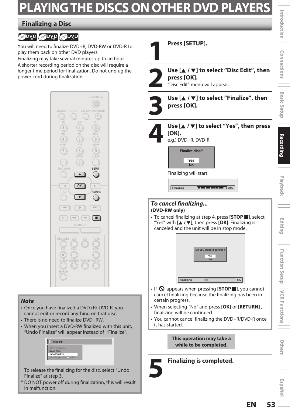 Playing the discs on other dvd players, Finalizing a disc, 53 en 53 en | Press [setup, Use [ k / l ] to select “finalize”, then press [ok, Use [ k / l ] to select “yes”, then press [ok, Finalizing is completed | Philips Magnavox E9S80UD User Manual | Page 53 / 108