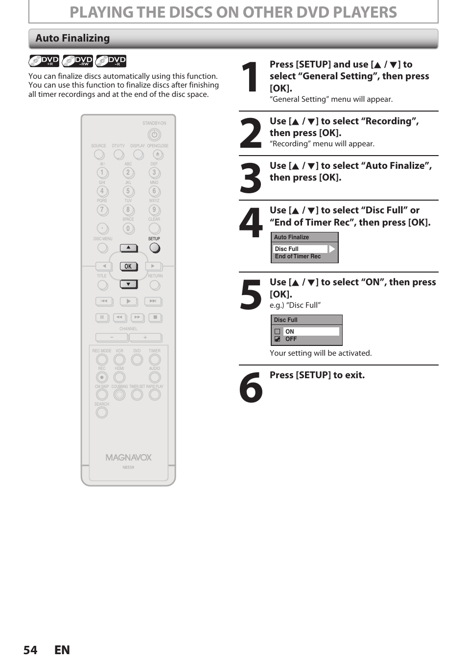 Auto finalizing, Playing the discs on other dvd players, 54 en 54 en | Philips Magnavox E9S80UD User Manual | Page 54 / 108