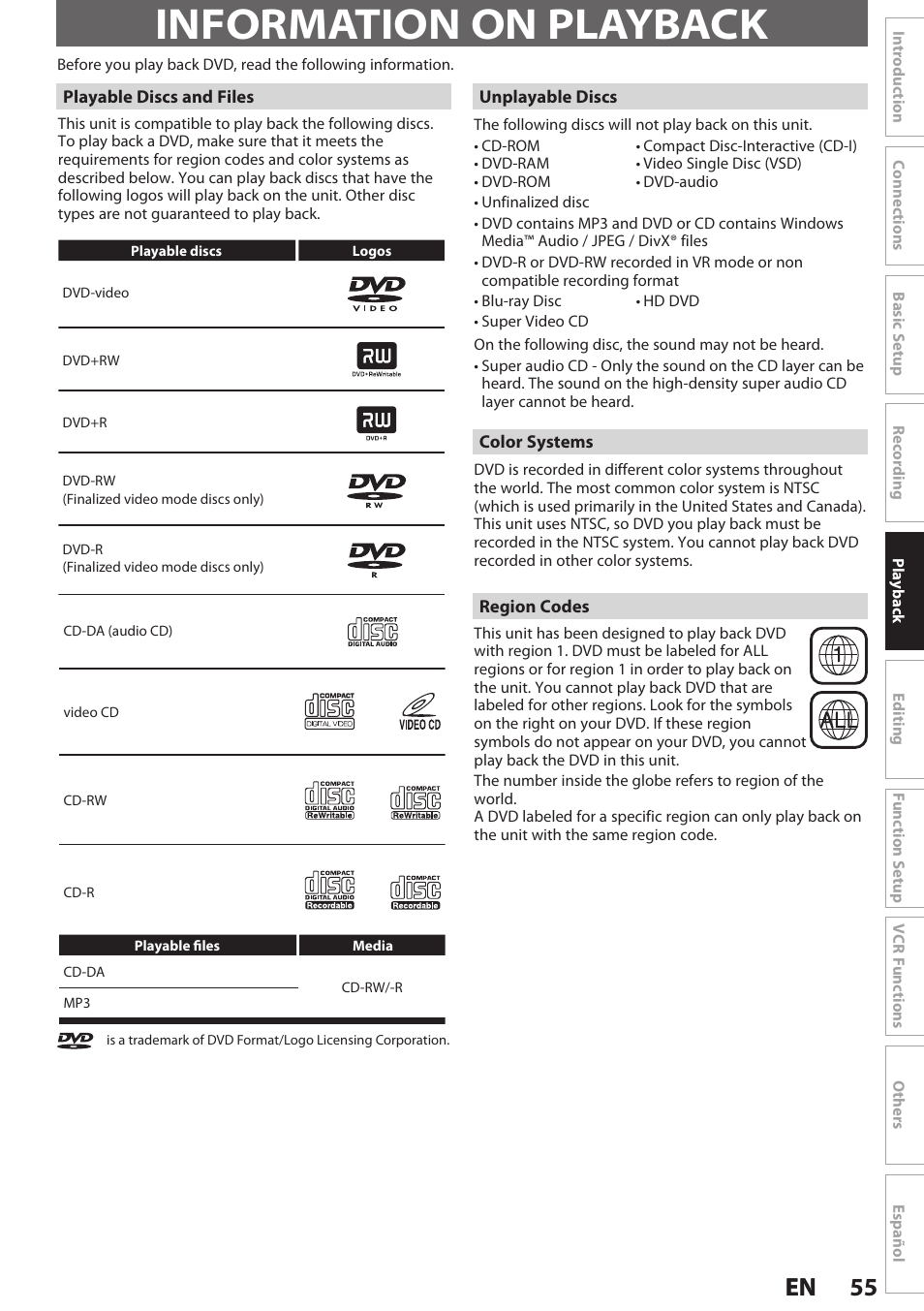 Information on playback, 55 en 55 en | Philips Magnavox E9S80UD User Manual | Page 55 / 108