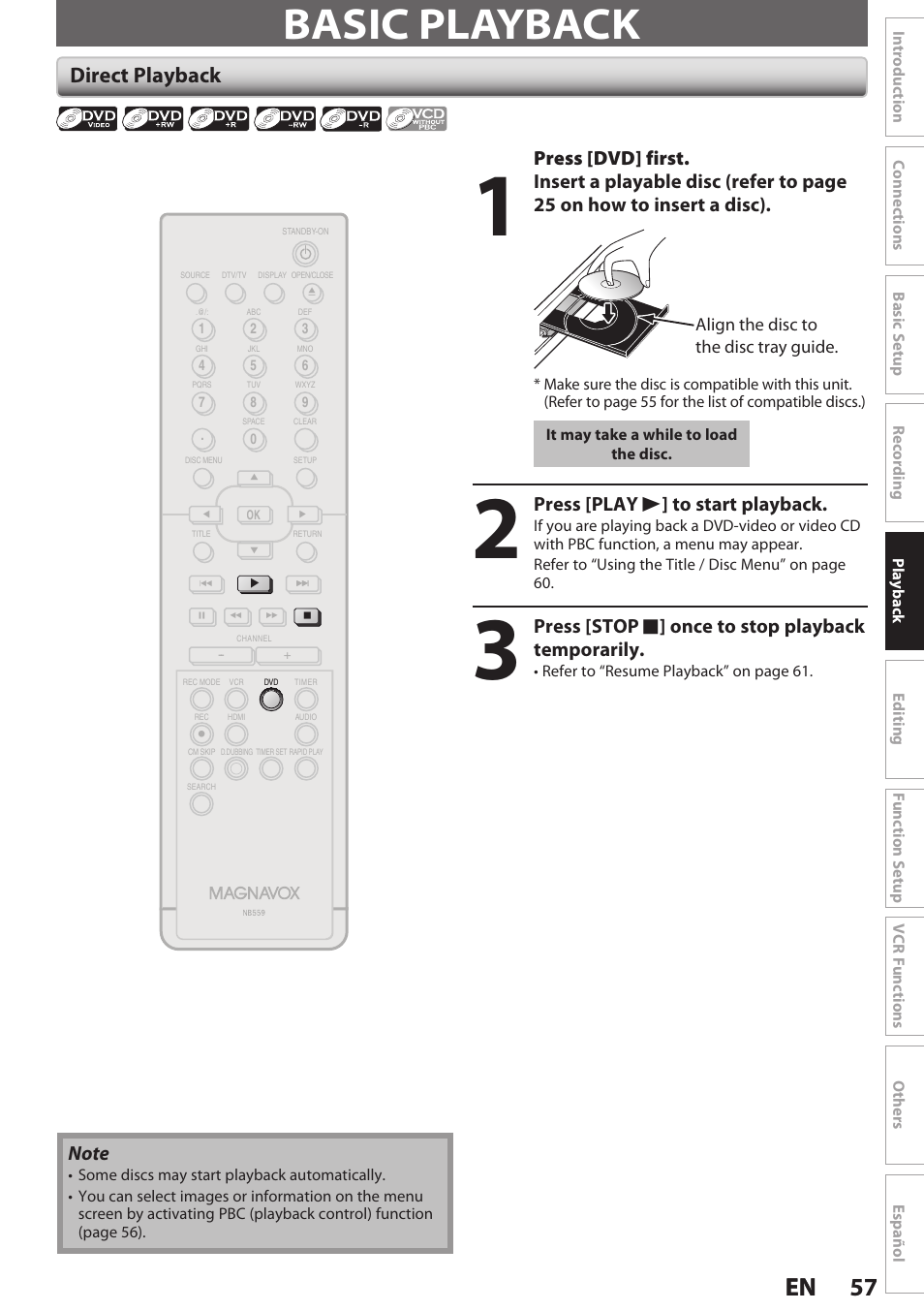 Basic playback, Direct playback, 57 en 57 en | Press [dvd] first, Press [play b ] to start playback, Press [stop c ] once to stop playback temporarily | Philips Magnavox E9S80UD User Manual | Page 57 / 108