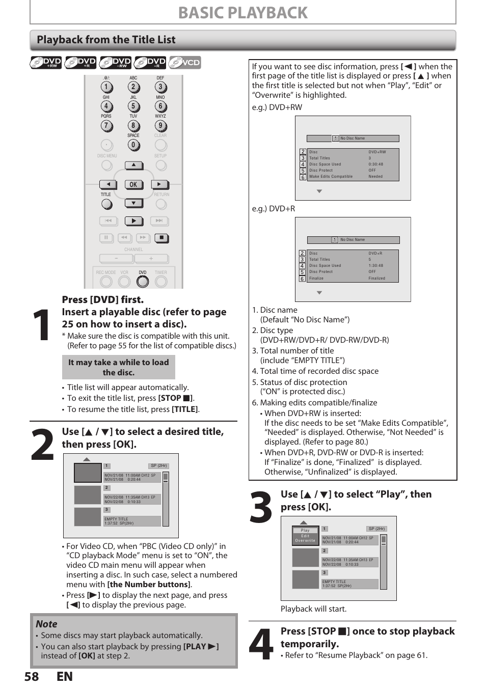 Playback from the title list, Basic playback, 58 en 58 en | Press [dvd] first, Use [ k / l ] to select “play”, then press [ok, Press [stop c ] once to stop playback temporarily | Philips Magnavox E9S80UD User Manual | Page 58 / 108