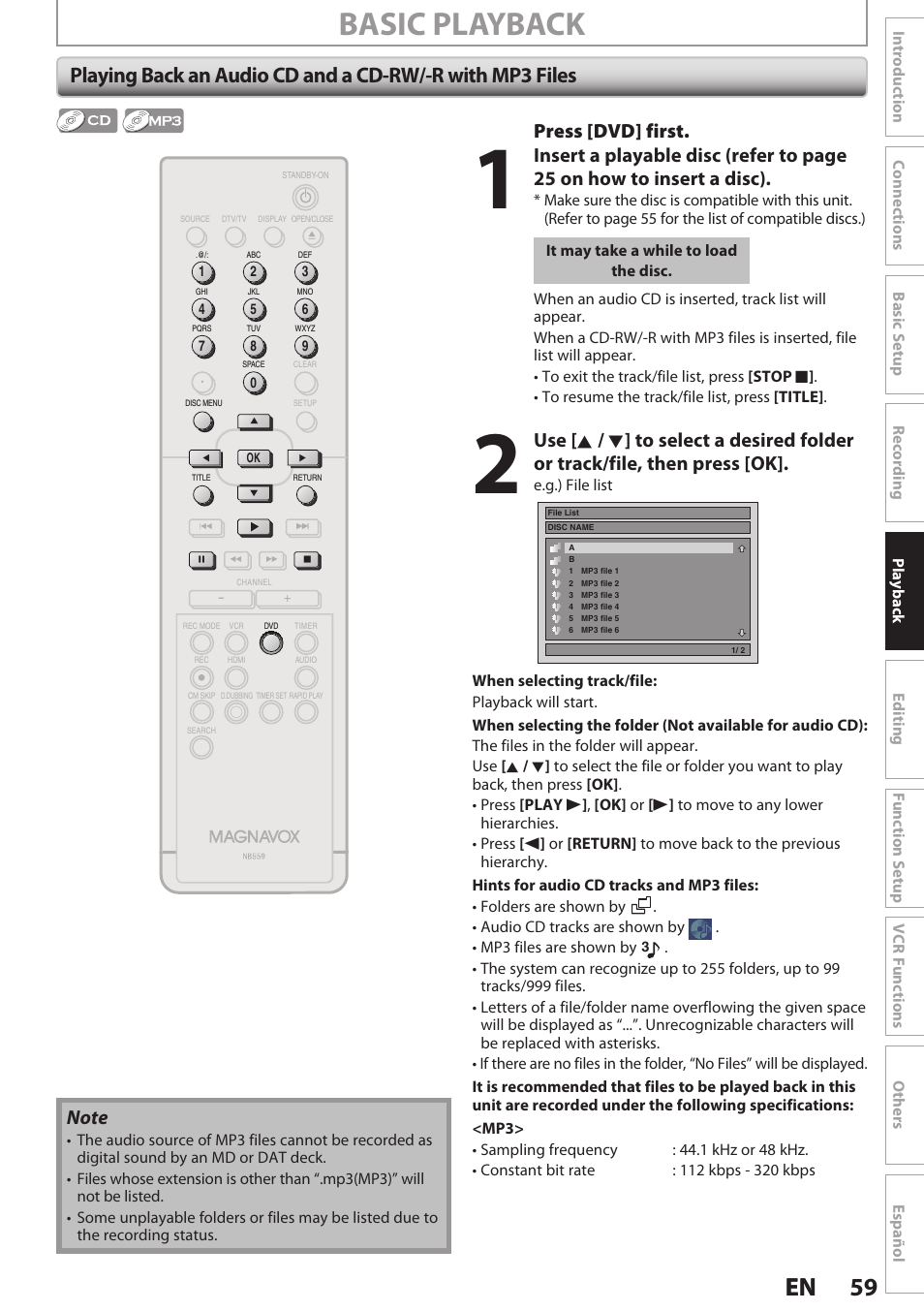 Basic playback, 59 en 59 en, Press [dvd] first | Philips Magnavox E9S80UD User Manual | Page 59 / 108