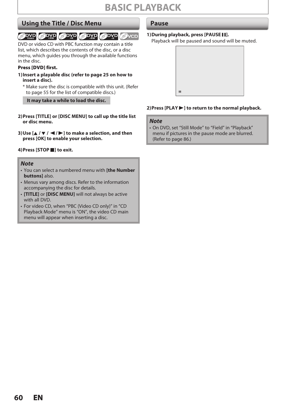 Using the title / disc menu, Pause, Basic playback | 60 en 60 en | Philips Magnavox E9S80UD User Manual | Page 60 / 108