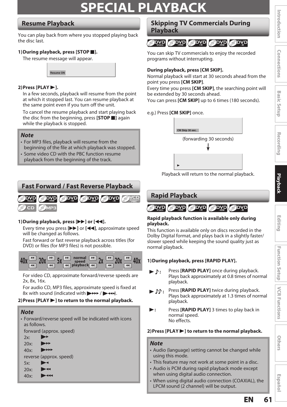 Special playback, Resume playback, Fast forward / fast reverse playback | Skipping tv commercials during playback, Rapid playback, 61 en 61 en | Philips Magnavox E9S80UD User Manual | Page 61 / 108