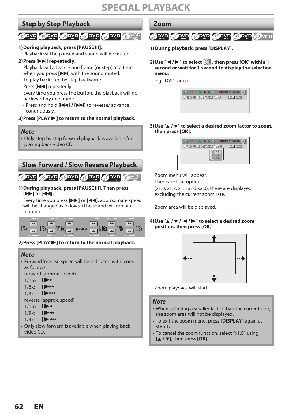 Step by step playback, Slow forward / slow reverse playback, Zoom | Special playback, 62 en 62 en, 1/8x | Philips Magnavox E9S80UD User Manual | Page 62 / 108