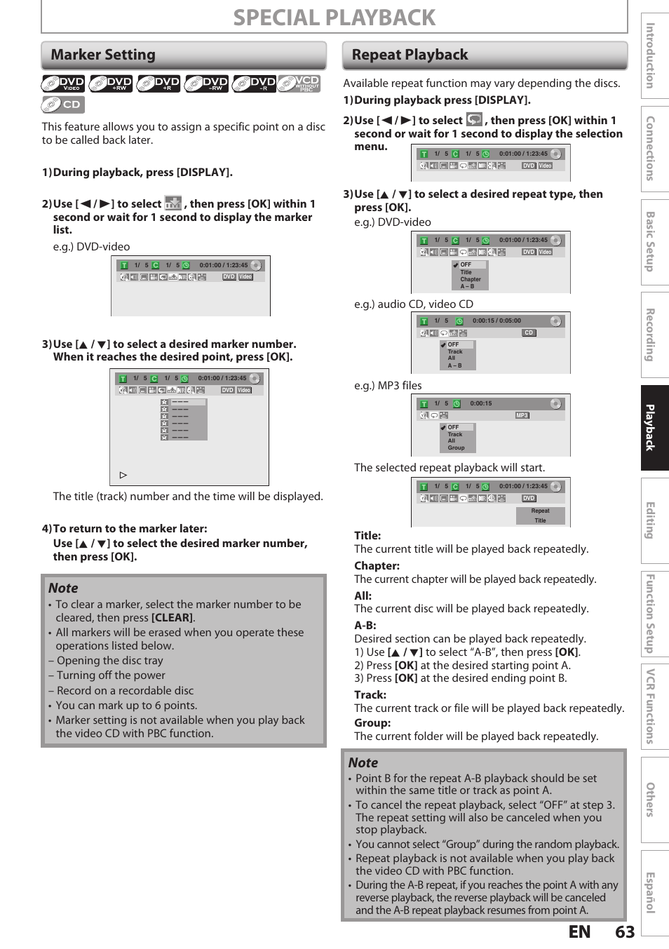 Marker setting, Repeat playback, Special playback | 63 en 63 en | Philips Magnavox E9S80UD User Manual | Page 63 / 108