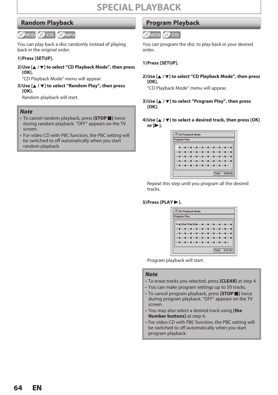 Random playback, Program playback, Special playback | 64 en 64 en, Program playback will start | Philips Magnavox E9S80UD User Manual | Page 64 / 108