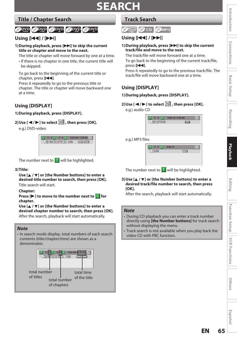 Search, Title / chapter search, Track search | 65 en 65 en, Using [ h ] / [ g, Using [display | Philips Magnavox E9S80UD User Manual | Page 65 / 108