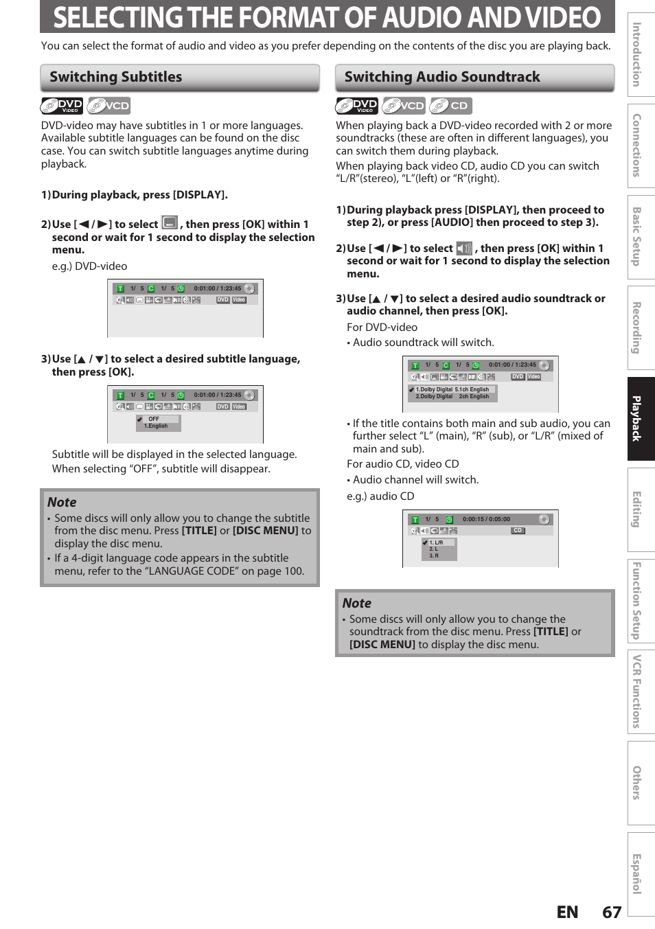Selecting the format of audio and video, Switching subtitles, Switching audio soundtrack | 67 en 67 en | Philips Magnavox E9S80UD User Manual | Page 67 / 108