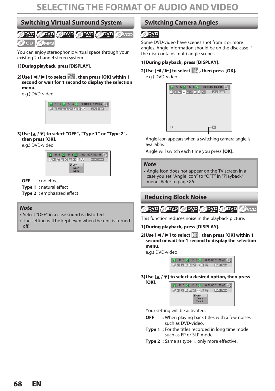 Switching virtual surround system, Switching camera angles, Reducing block noise | Selecting the format of audio and video, 68 en 68 en, Switching camera angles reducing block noise | Philips Magnavox E9S80UD User Manual | Page 68 / 108