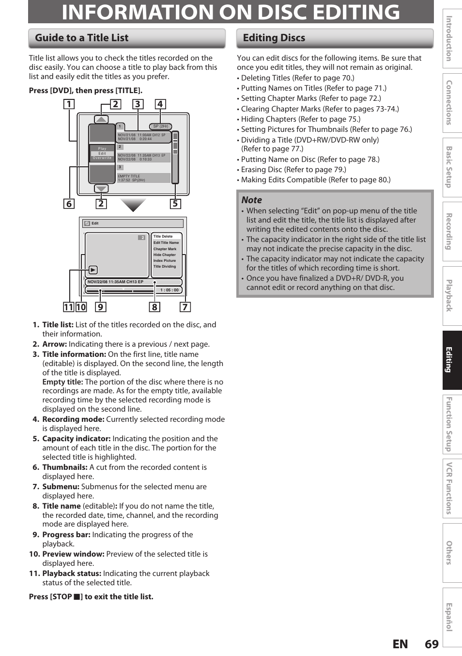 Information on disc editing, Guide to a title list, Editing discs | 69 en 69 en, Guide to a title list editing discs | Philips Magnavox E9S80UD User Manual | Page 69 / 108
