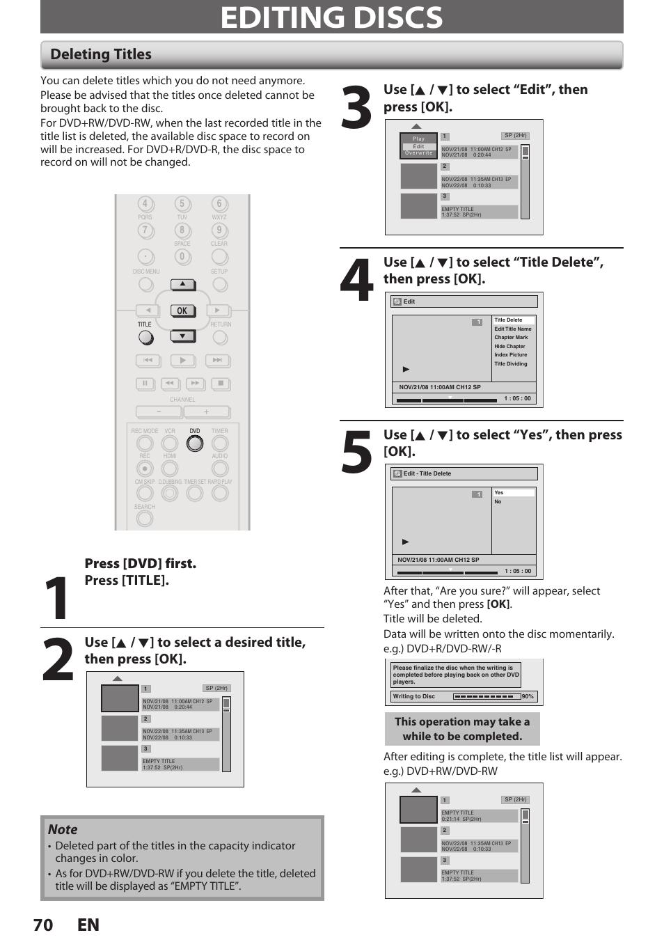 Editing discs, Deleting titles, 70 en 70 en | Use [ k / l ] to select “edit”, then press [ok, Use [ k / l ] to select “yes”, then press [ok, Press [dvd] first, Press [title | Philips Magnavox E9S80UD User Manual | Page 70 / 108