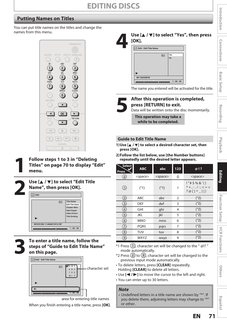 Putting names on titles, Editing discs, 71 en 71 en | Use [ k / l ] to select “yes”, then press [ok | Philips Magnavox E9S80UD User Manual | Page 71 / 108