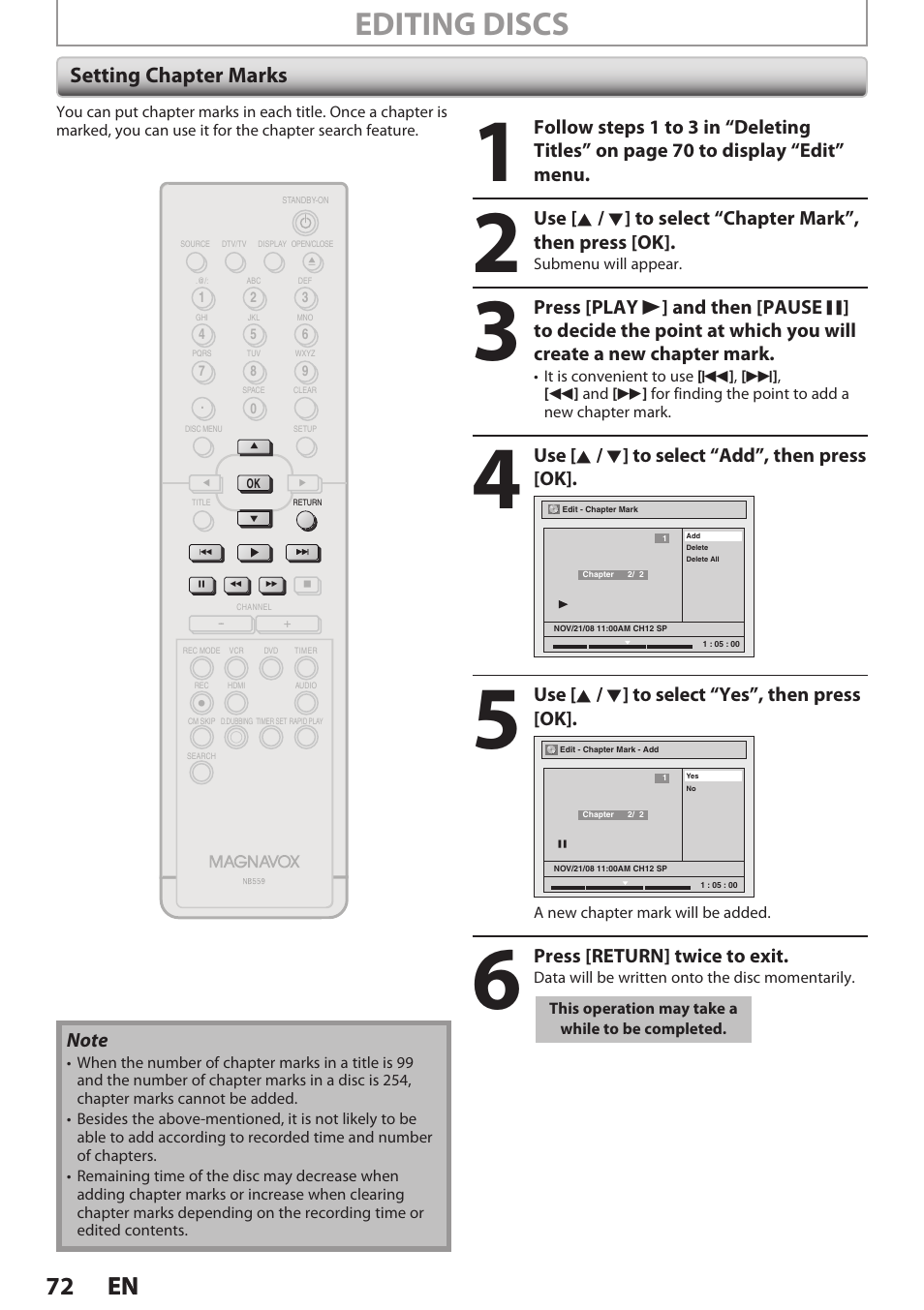 Setting chapter marks, Editing discs, 72 en 72 en | Use [ k / l ] to select “add”, then press [ok, Use [ k / l ] to select “yes”, then press [ok, Press [return] twice to exit | Philips Magnavox E9S80UD User Manual | Page 72 / 108