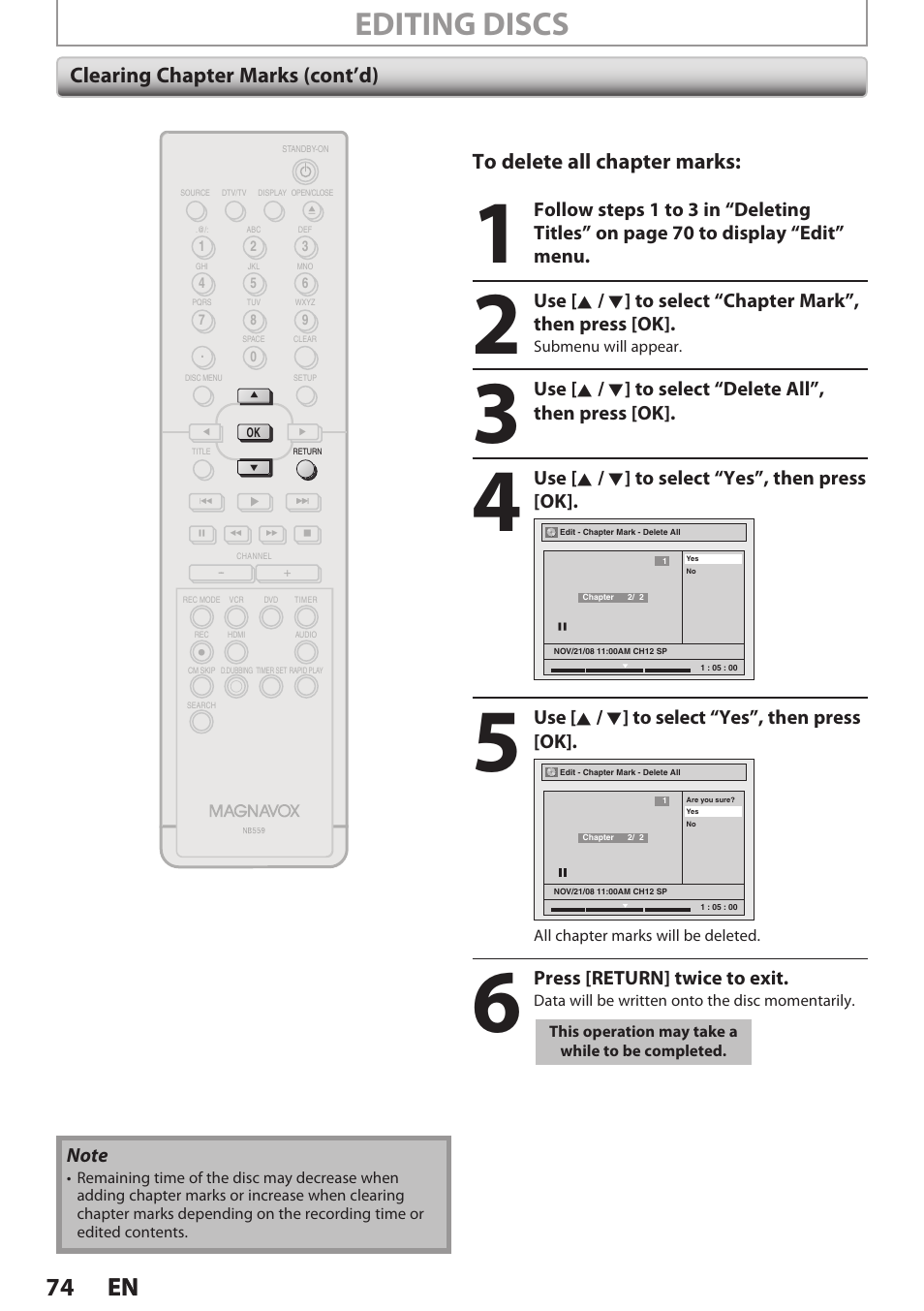 Editing discs, 74 en 74 en | Philips Magnavox E9S80UD User Manual | Page 74 / 108