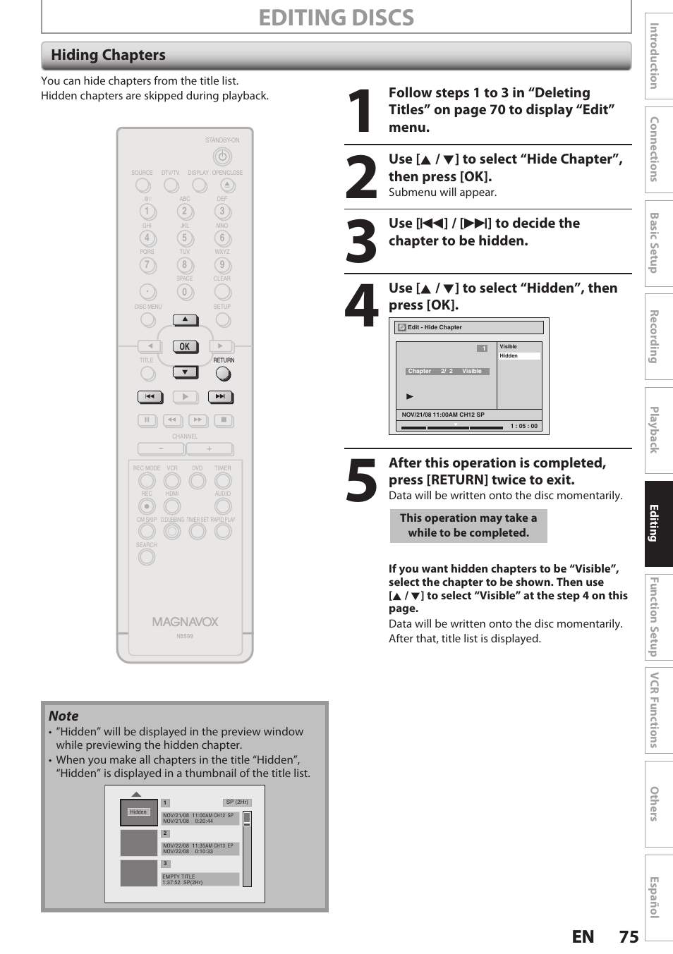 Hiding chapters, Editing discs, 75 en 75 en | Use [ k / l ] to select “hidden”, then press [ok | Philips Magnavox E9S80UD User Manual | Page 75 / 108