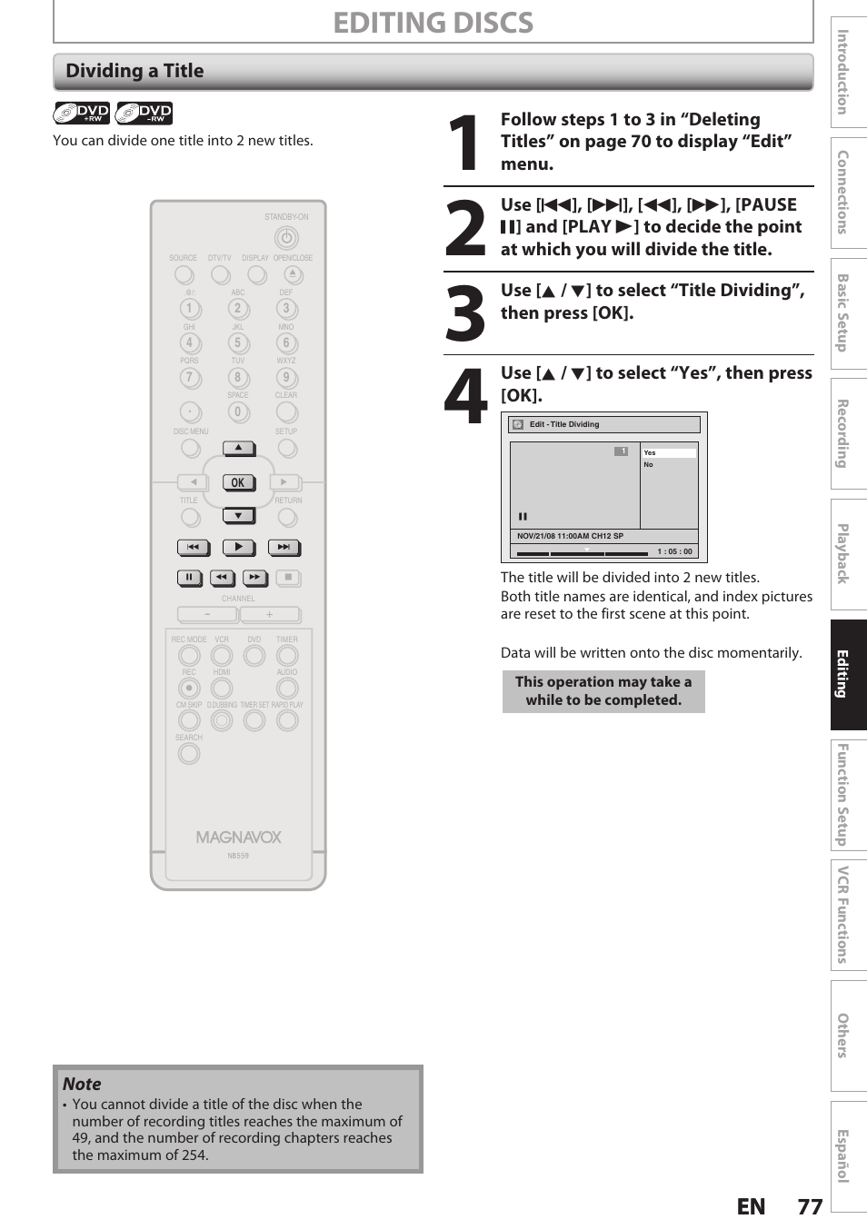 Dividing a title, Editing discs, 77 en 77 en | Use [ k / l ] to select “yes”, then press [ok | Philips Magnavox E9S80UD User Manual | Page 77 / 108