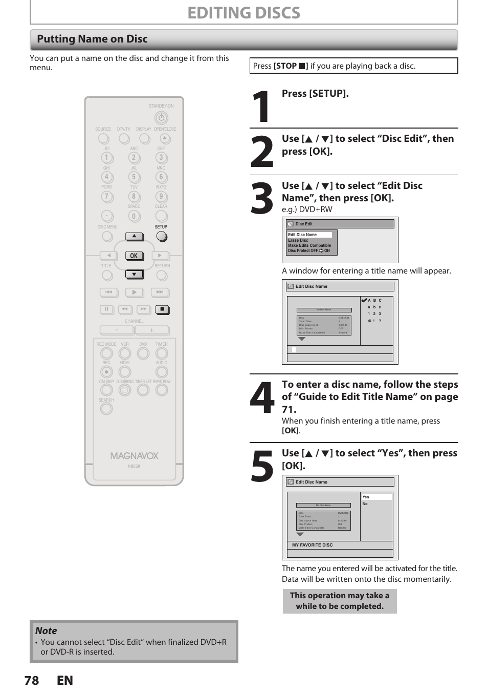 Putting name on disc, Editing discs, 78 en 78 en | Press [setup, Use [ k / l ] to select “yes”, then press [ok | Philips Magnavox E9S80UD User Manual | Page 78 / 108