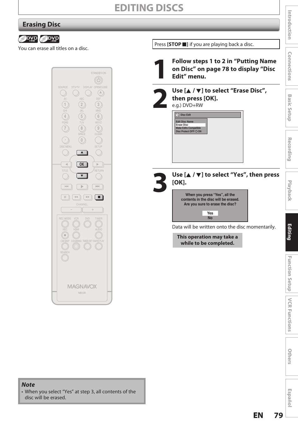 Erasing disc, Editing discs, 79 en 79 en | Use [ k / l ] to select “yes”, then press [ok | Philips Magnavox E9S80UD User Manual | Page 79 / 108