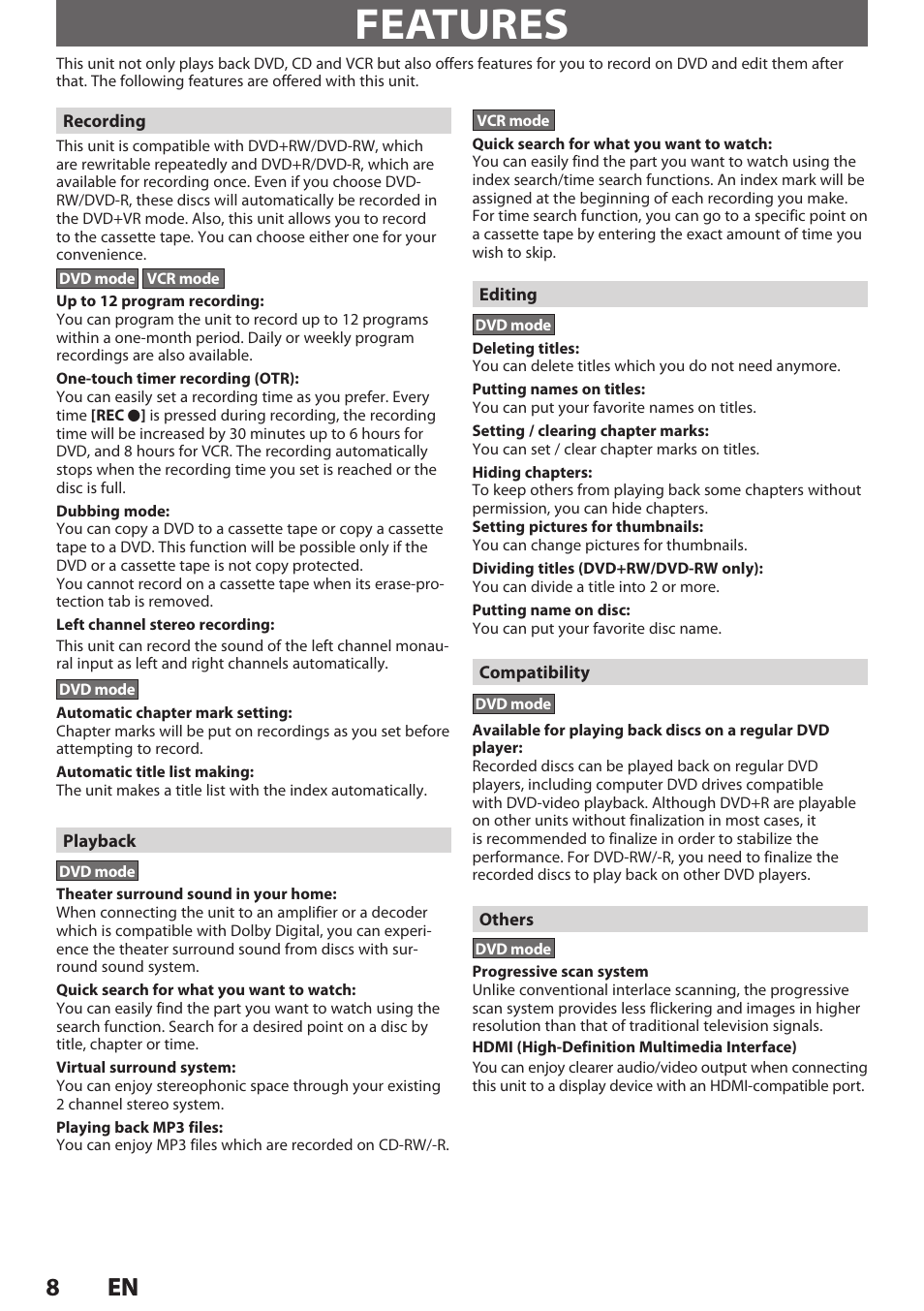 Features, 8en 8 en | Philips Magnavox E9S80UD User Manual | Page 8 / 108