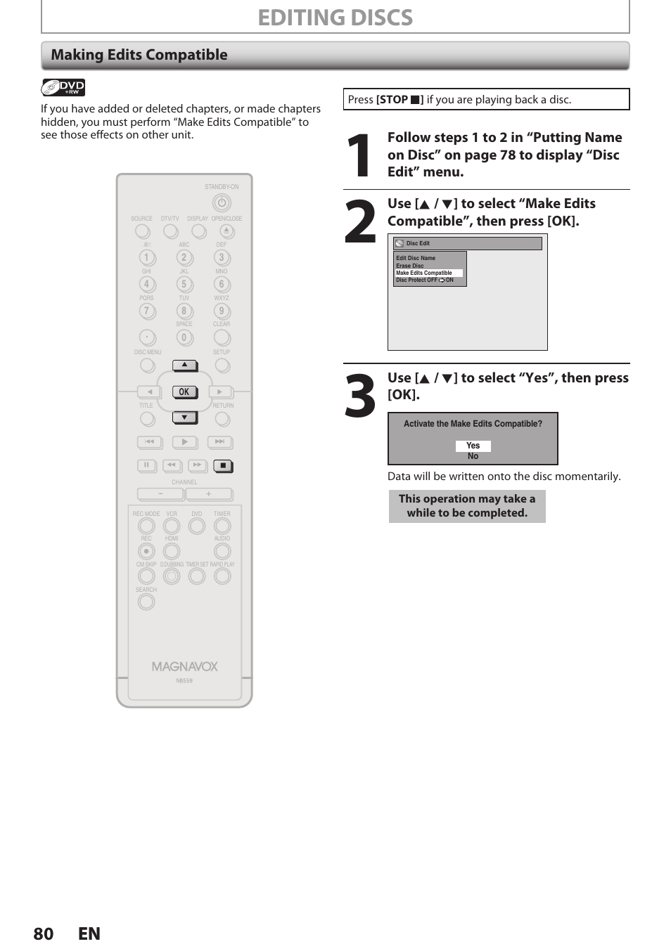 Making edits compatible, Editing discs, 80 en 80 en | Use [ k / l ] to select “yes”, then press [ok | Philips Magnavox E9S80UD User Manual | Page 80 / 108