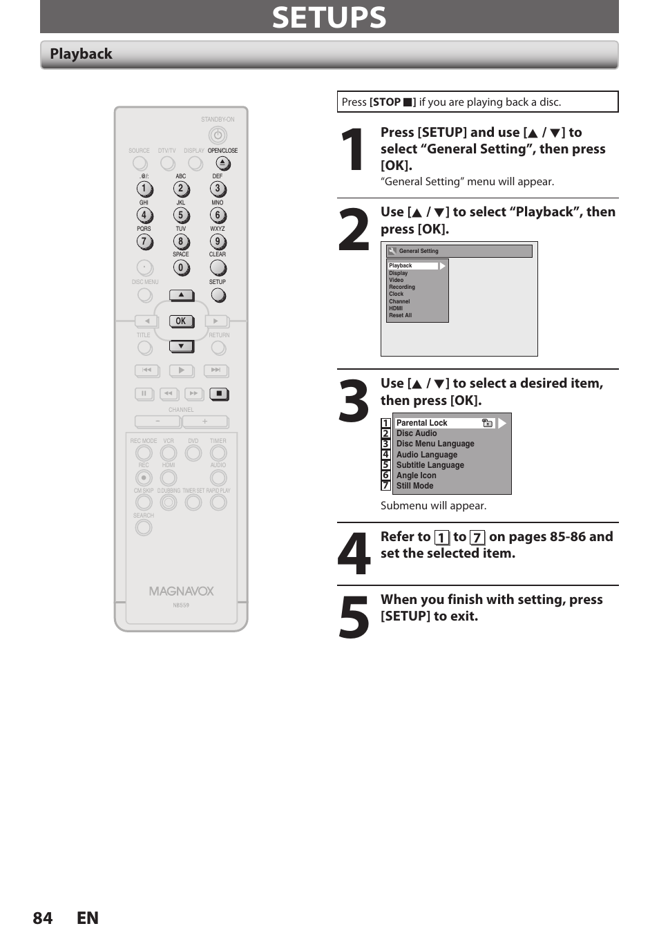 Setups, Playback, 84 en 84 en | Use [ k / l ] to select “playback”, then press [ok | Philips Magnavox E9S80UD User Manual | Page 84 / 108