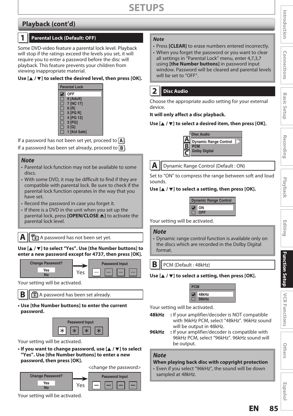 Setups, 85 en 85 en, Ab c | Playback (cont’d) | Philips Magnavox E9S80UD User Manual | Page 85 / 108