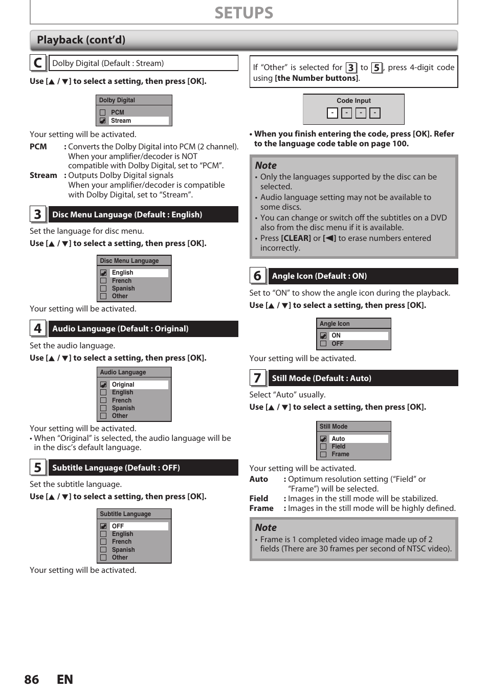 Setups, 86 en 86 en, Playback (cont’d) | Philips Magnavox E9S80UD User Manual | Page 86 / 108