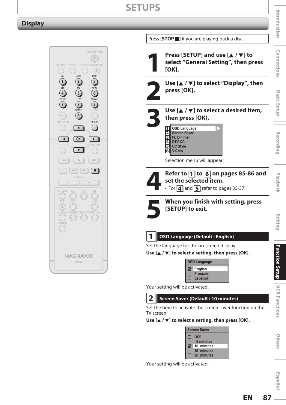 Display, Setups, 87 en 87 en | Use [ k / l ] to select “display”, then press [ok | Philips Magnavox E9S80UD User Manual | Page 87 / 108