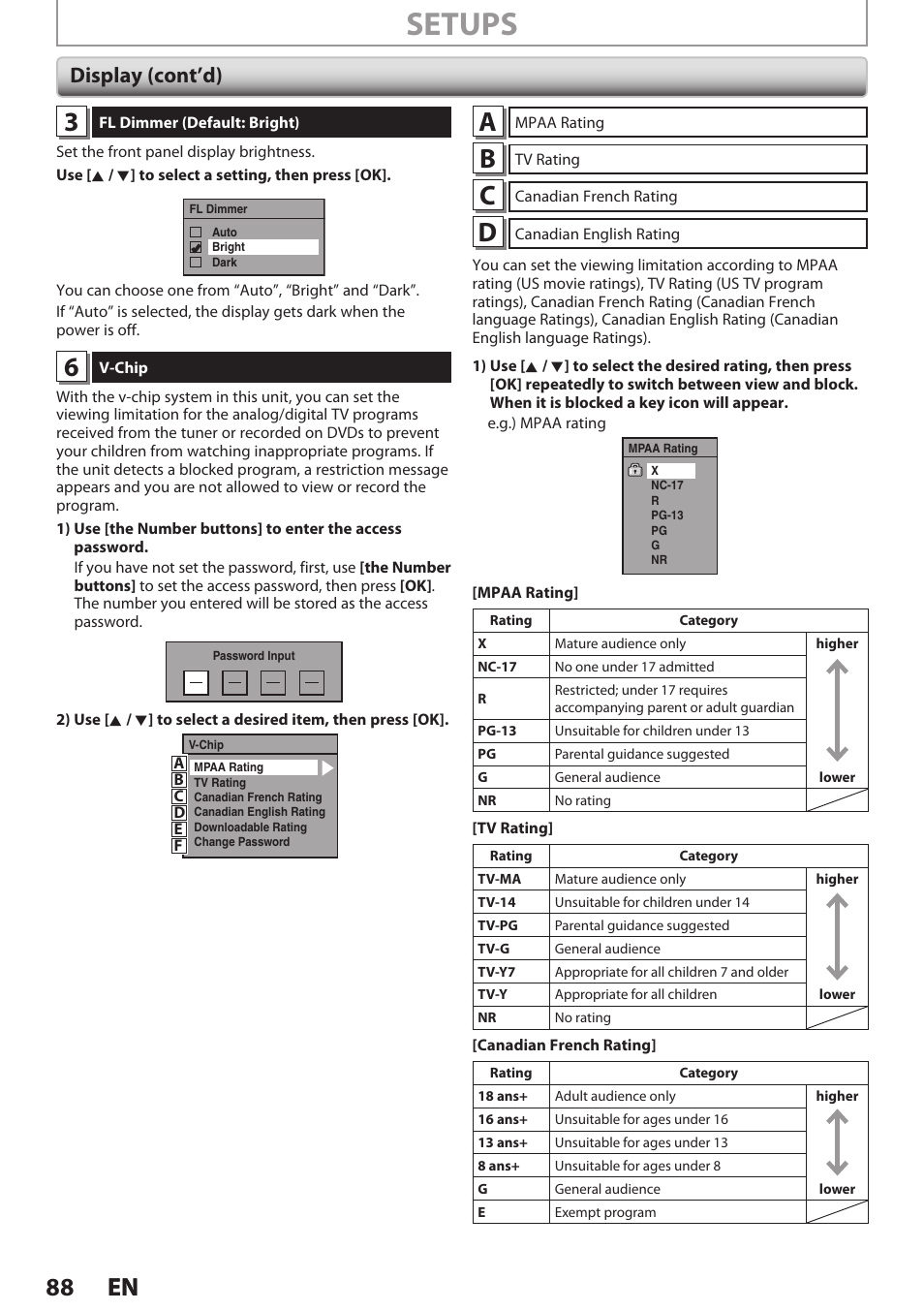 Setups, 88 en 88 en, Display (cont’d) | Philips Magnavox E9S80UD User Manual | Page 88 / 108
