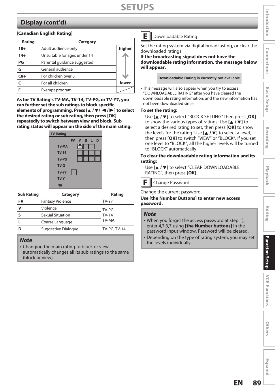 Setups, 89 en 89 en, Display (cont’d) | Philips Magnavox E9S80UD User Manual | Page 89 / 108